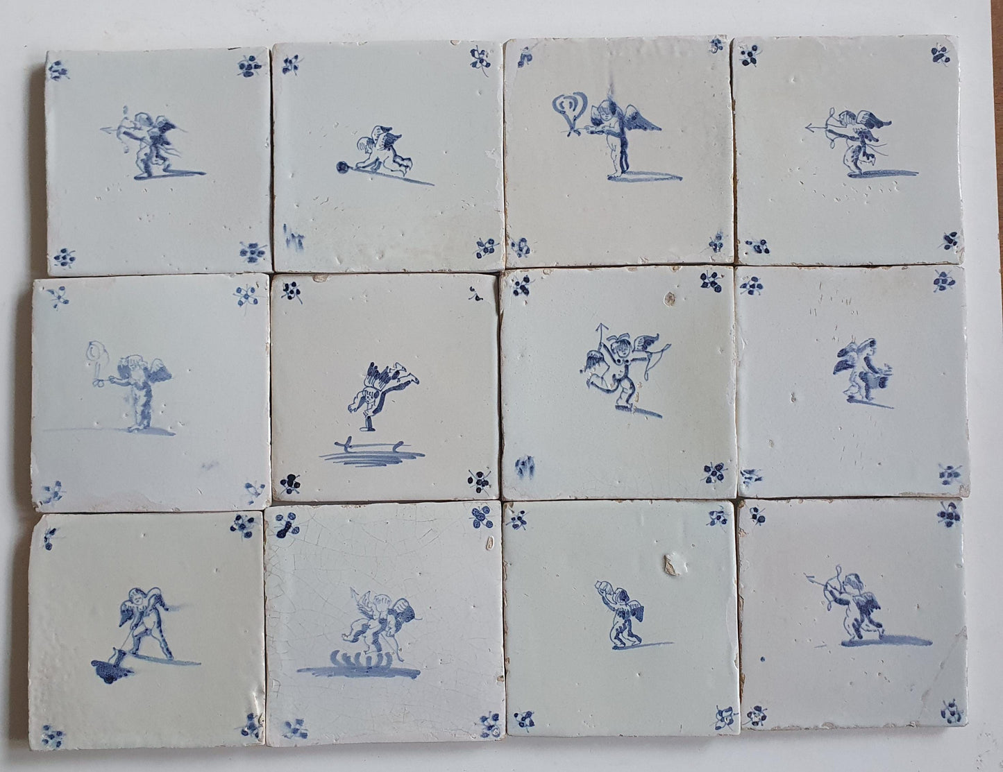 Cherub Antique Delft Tiles - 17th Century Dutch Cupid, Angel Motifs (Set of 12)