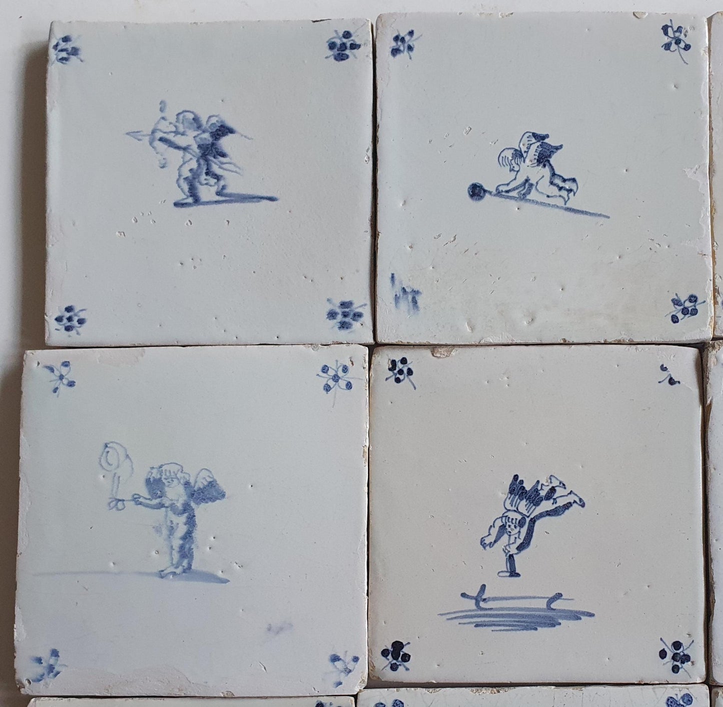 Cherub Antique Delft Tiles - 17th Century Dutch Cupid, Angel Motifs (Set of 12)