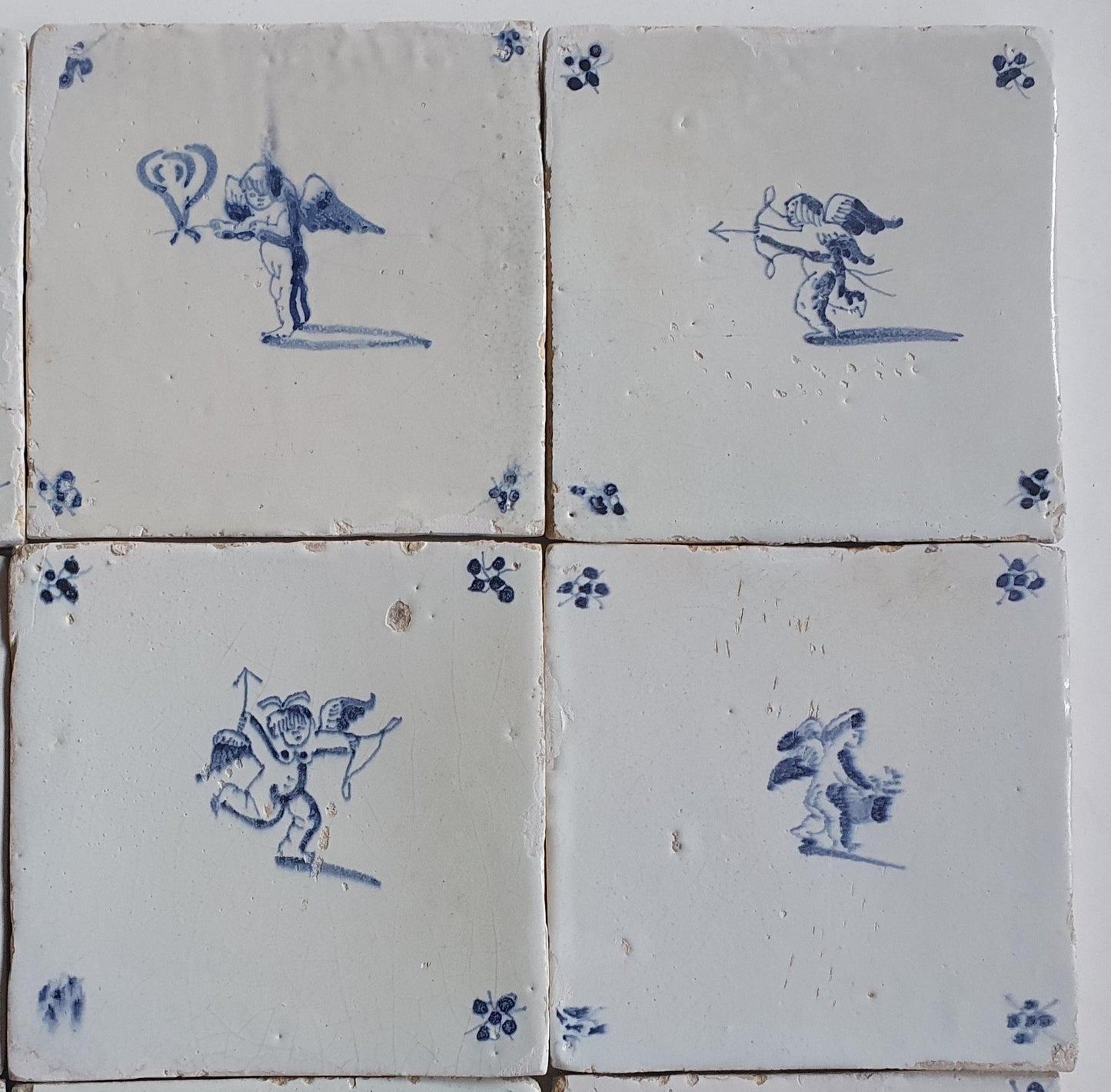 Cherub Antique Delft Tiles - 17th Century Dutch Cupid, Angel Motifs (Set of 12)