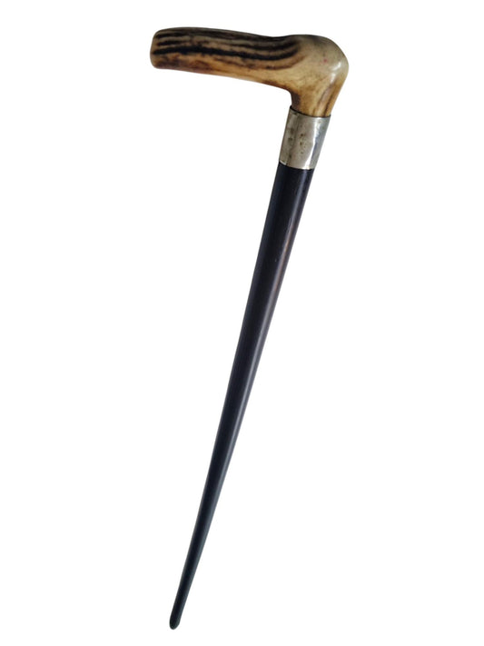 antique walking stick with deer bone , european collection, gentlemen's flannel stick