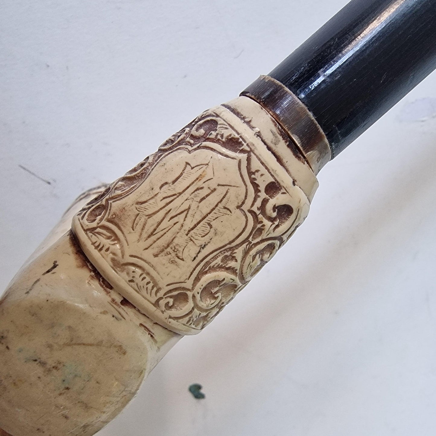 antique walking stick with bone, marked, european collection, gentlemen's flannel stick