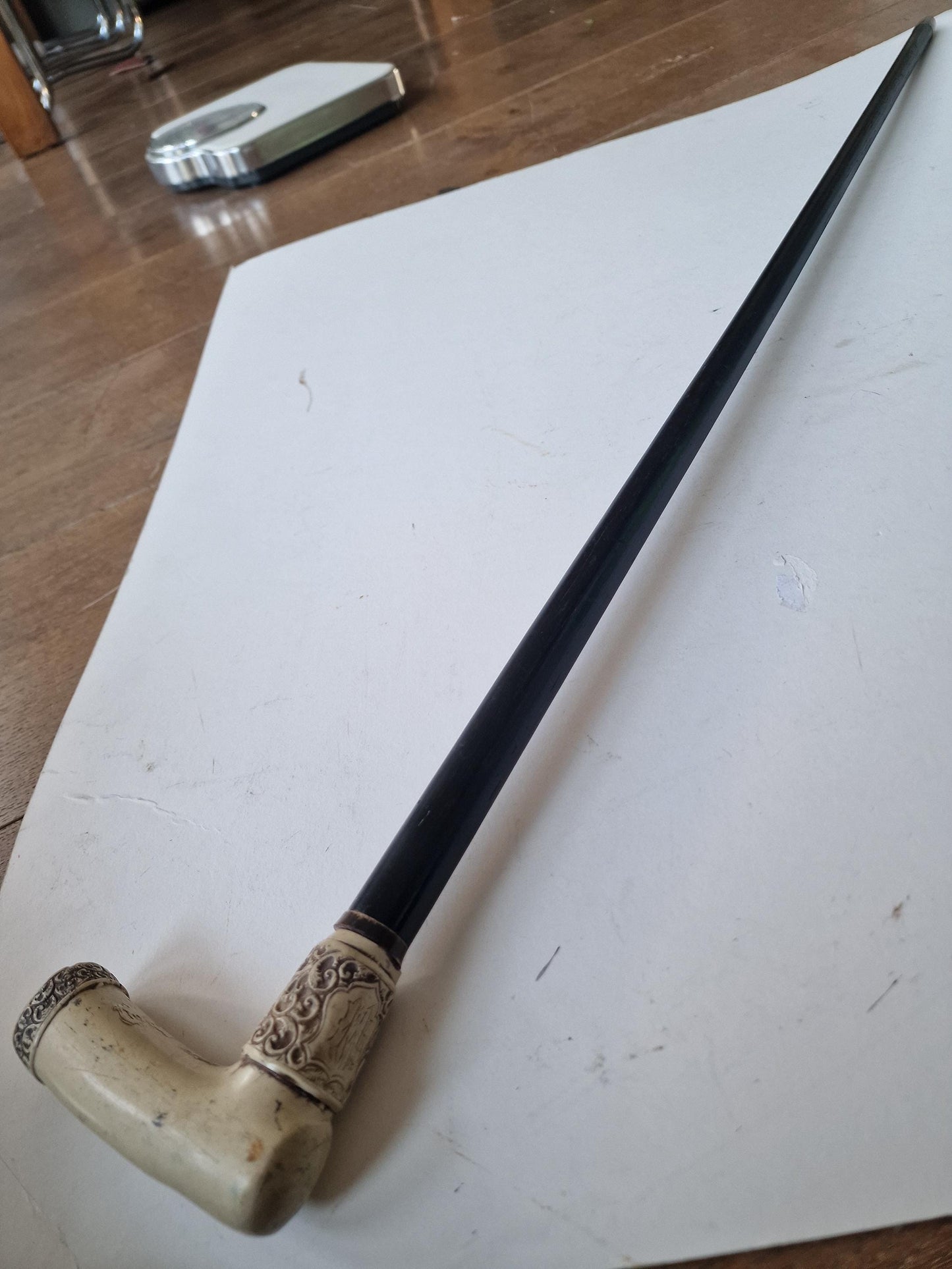 antique walking stick with bone, marked, european collection, gentlemen's flannel stick