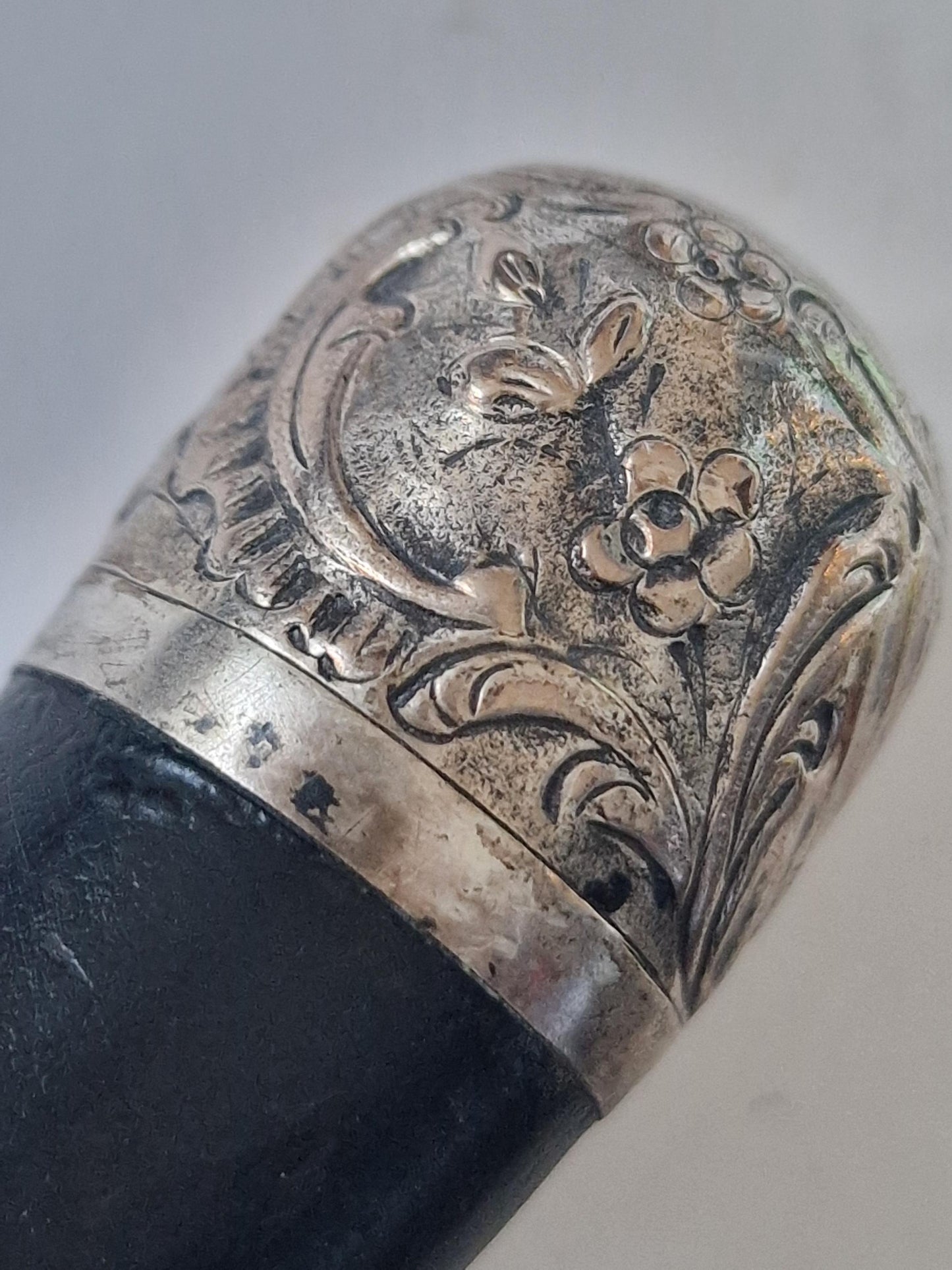 antique walking stick with bone and silver, marked, european collection, gentlemen's flannel stick