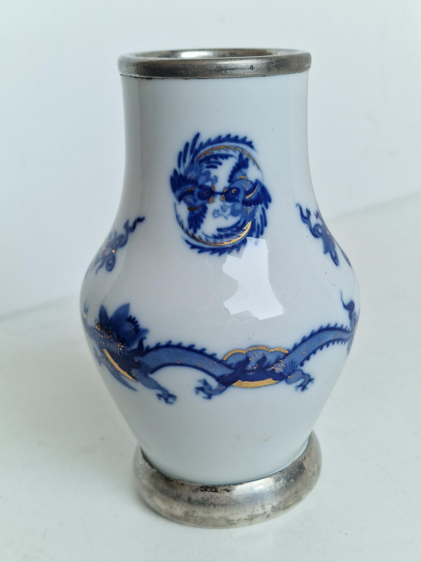 Meissen Porcelain Dragon Vase, 925 Sterling Silver Mount, Circa 1934-45