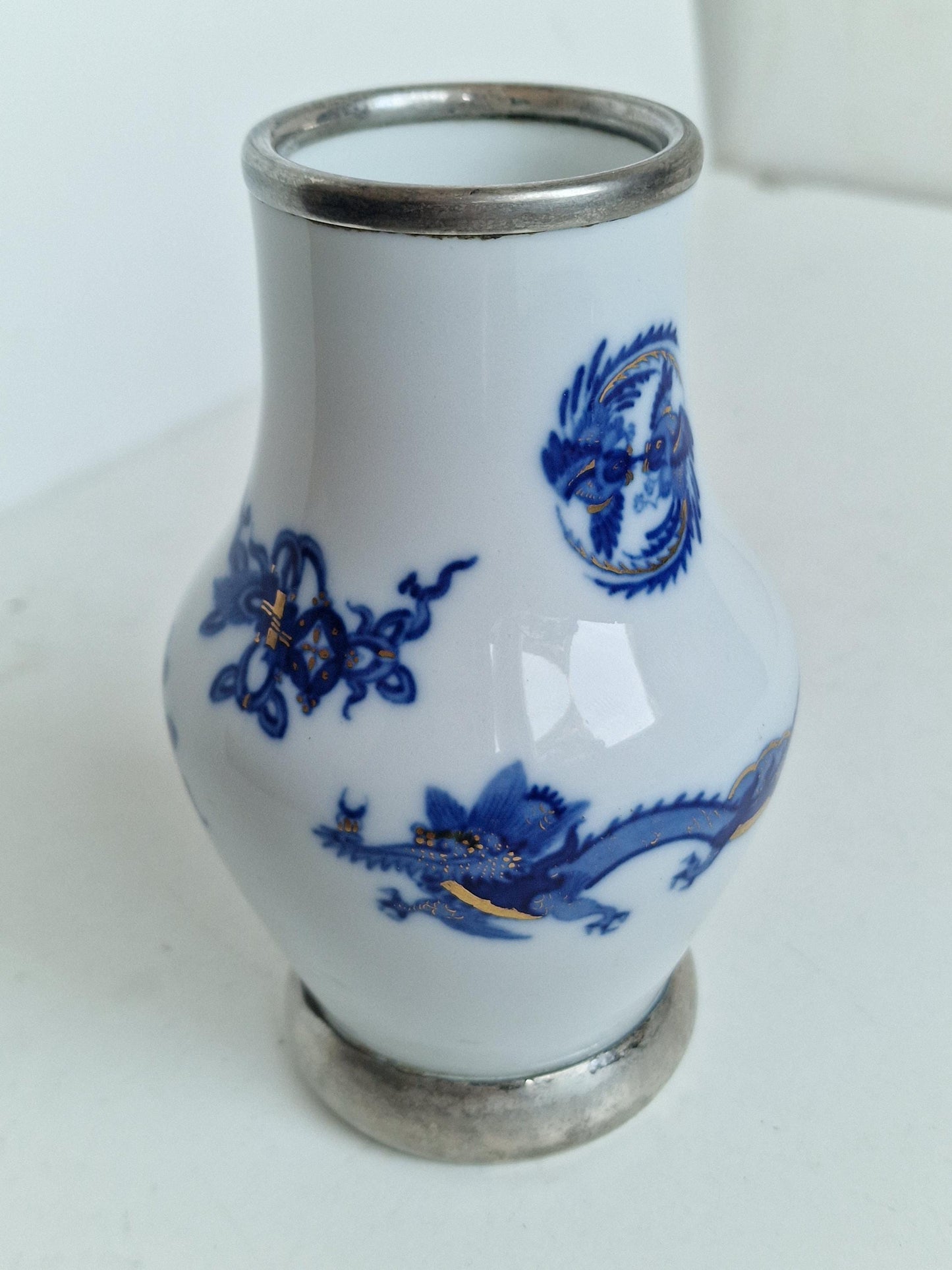 Meissen Porcelain Dragon Vase, 925 Sterling Silver Mount, Circa 1934-45