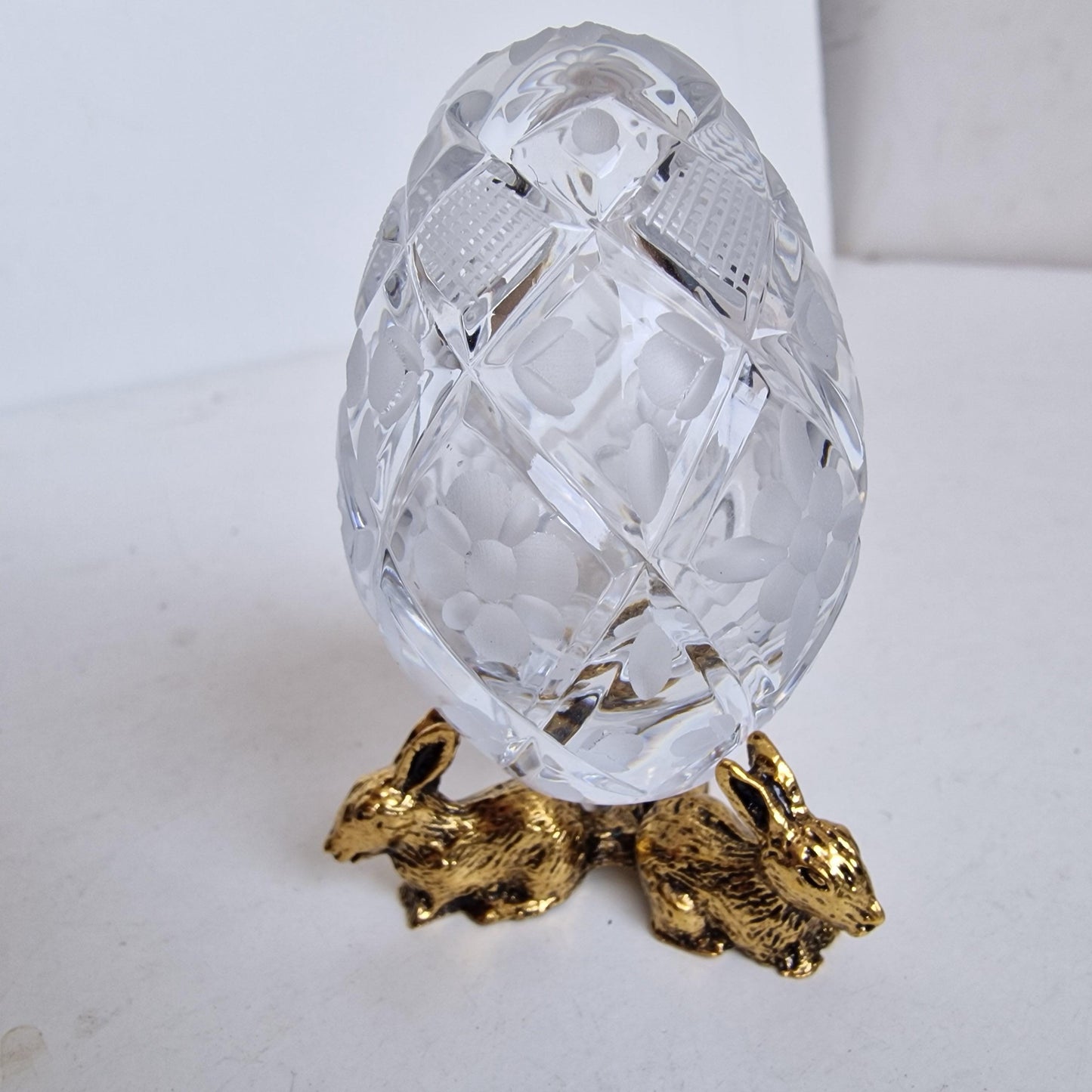 Signed Faberge Crystal Egg, Rabbit Stand, Limited Edition Reproduction