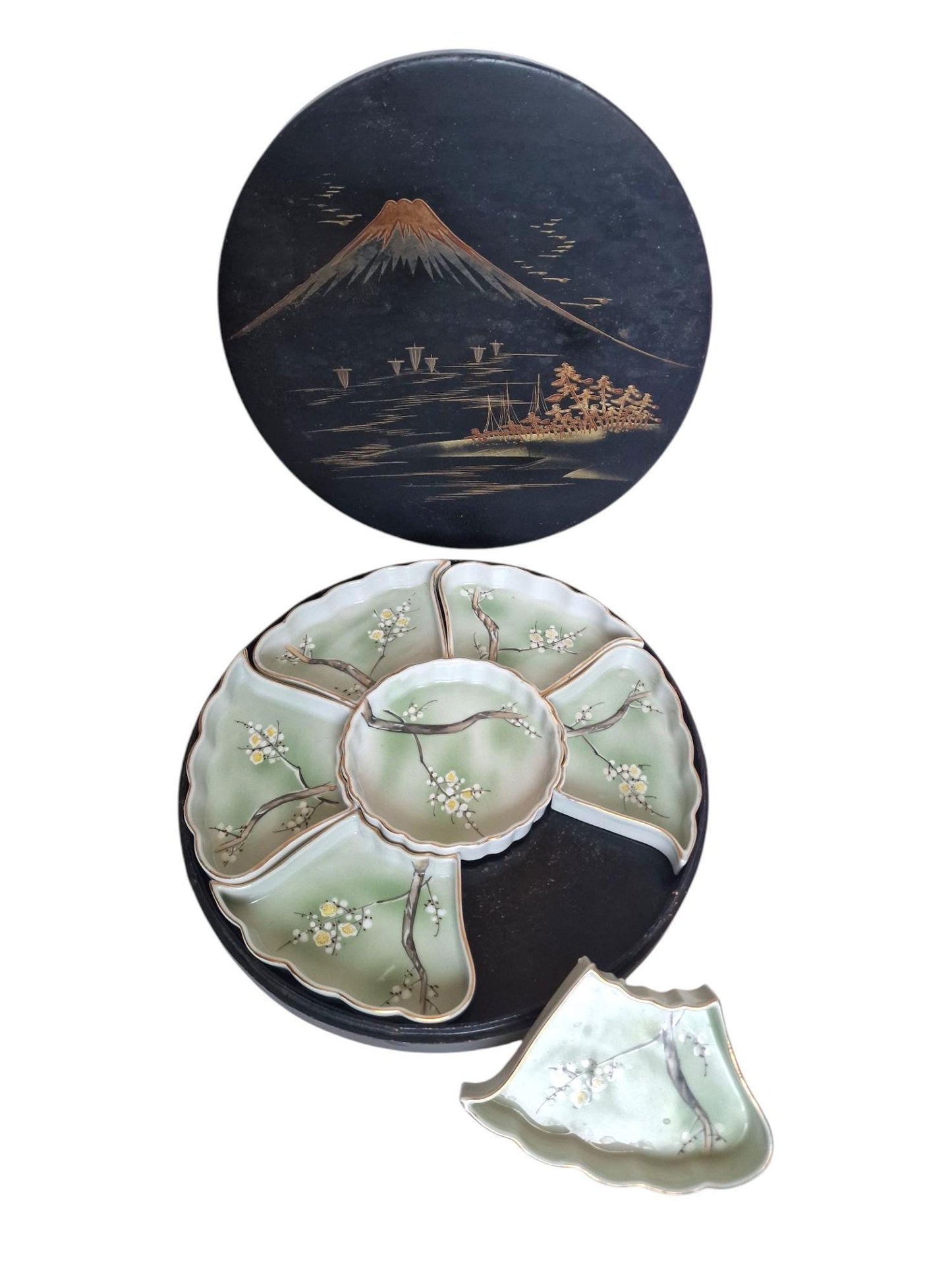 Meiji Japanese Porcelain Sweet Meat Set, Handpainted Floral Dishes, Lacquered Box