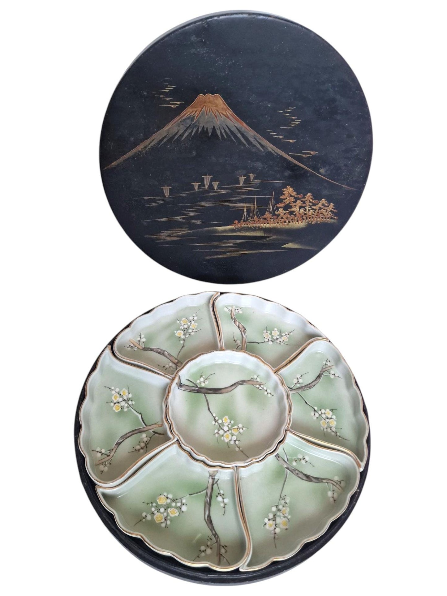 Meiji Japanese Porcelain Sweet Meat Set, Handpainted Floral Dishes, Lacquered Box