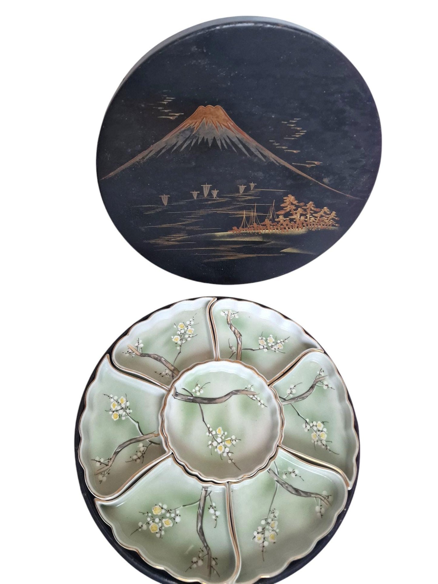 Meiji Japanese Porcelain Sweet Meat Set, Handpainted Floral Dishes, Lacquered Box