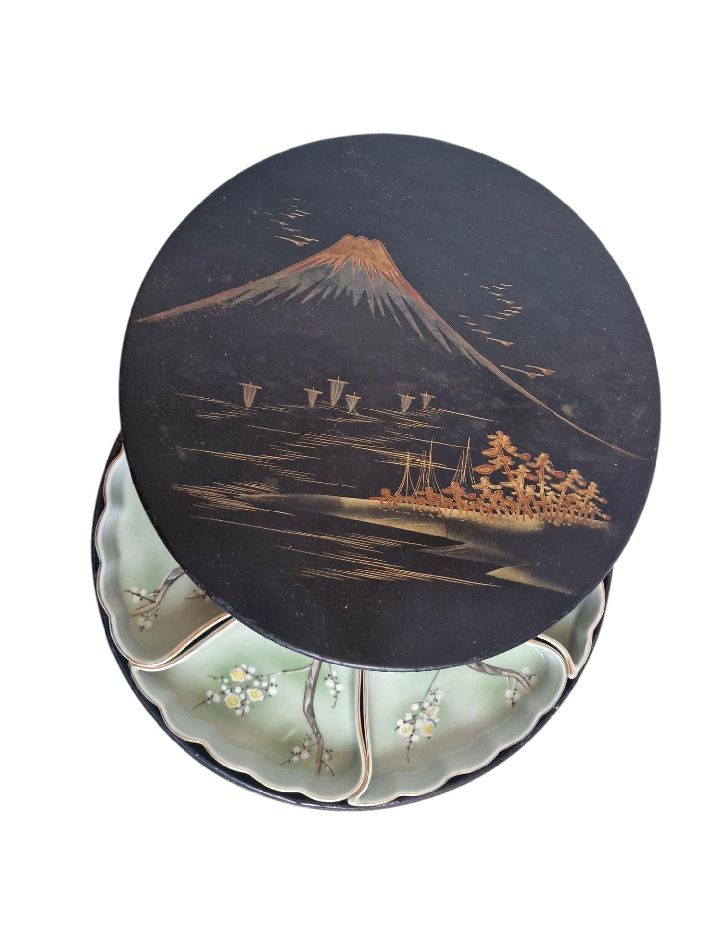 Meiji Japanese Porcelain Sweet Meat Set, Handpainted Floral Dishes, Lacquered Box
