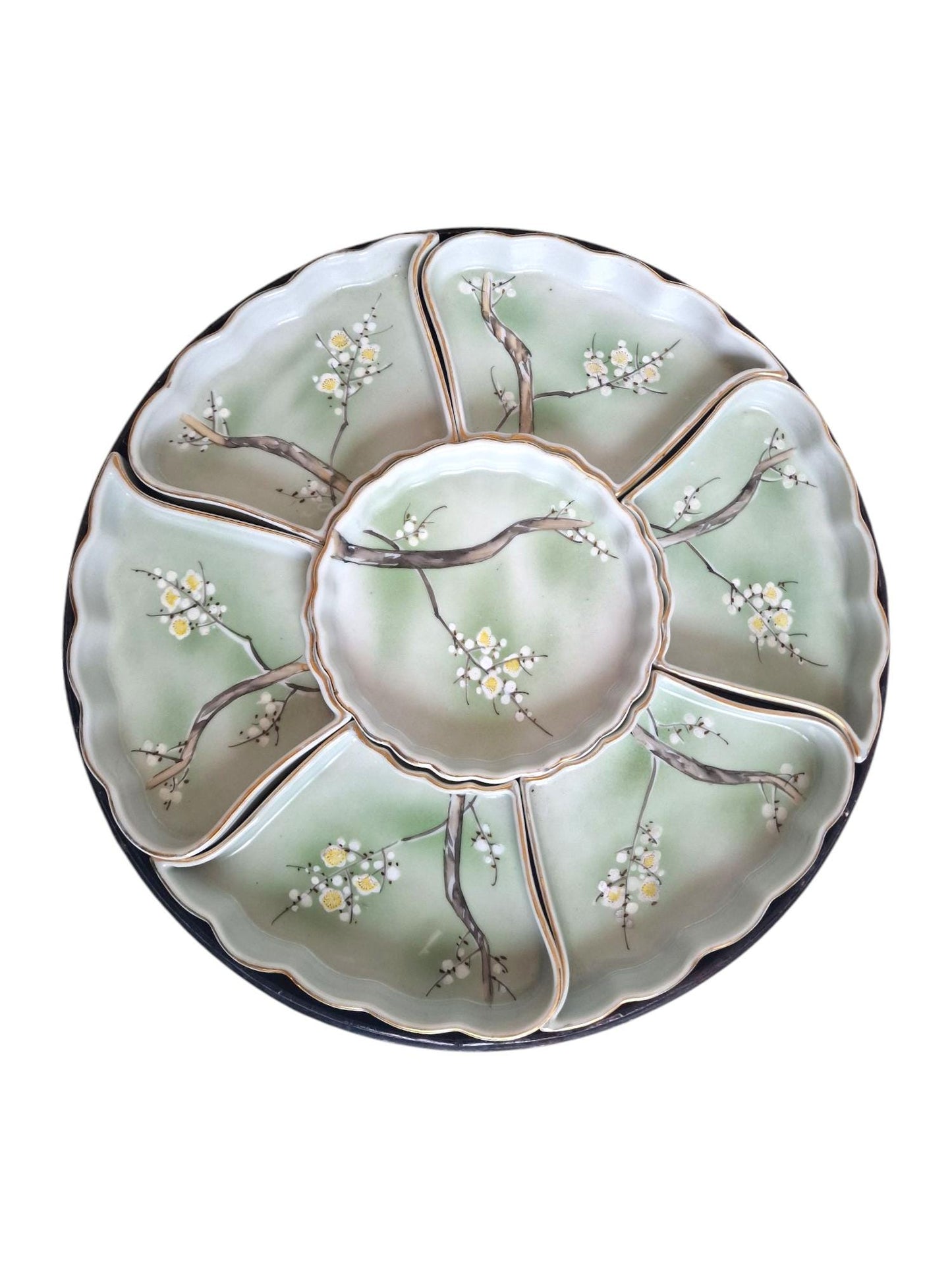 Meiji Japanese Porcelain Sweet Meat Set, Handpainted Floral Dishes, Lacquered Box