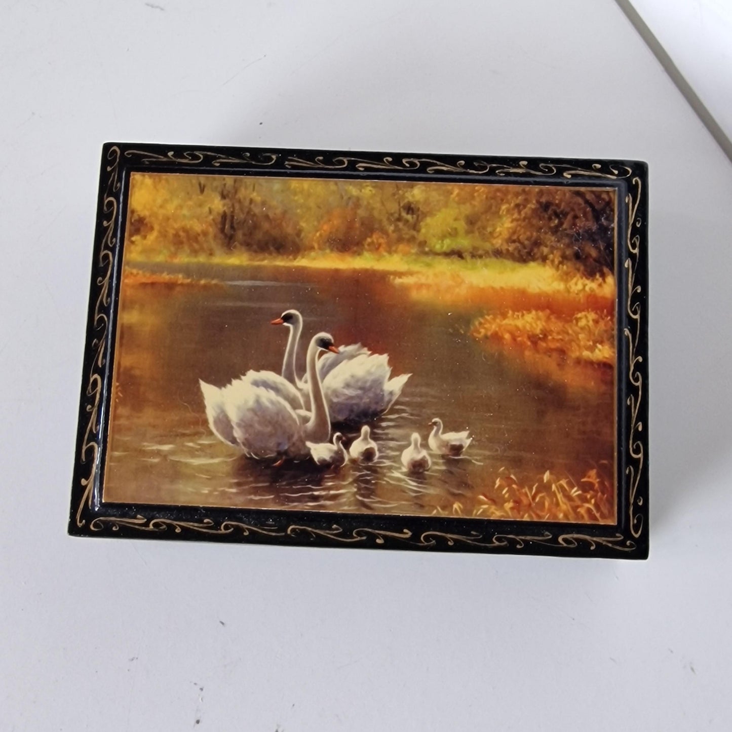 Russian Hand-Painted Lacquer Box, Swan Lake Scene