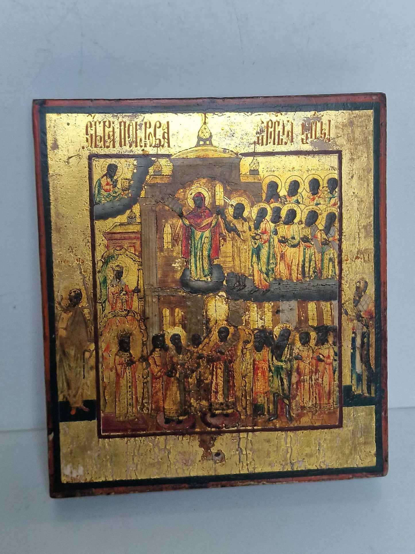 Antique Russian Icon – Protection of the Mother of God, 19th Century Egg Tempera