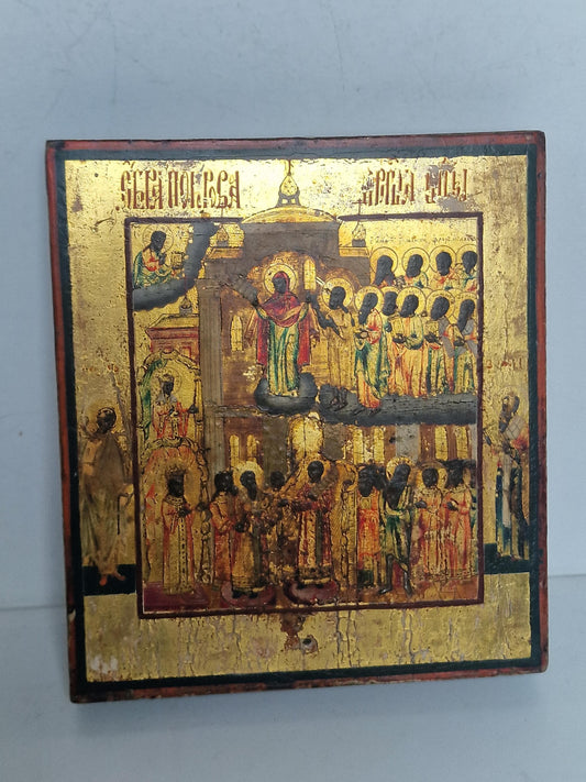 Antique Russian Icon – Protection of the Mother of God, 19th Century Egg Tempera