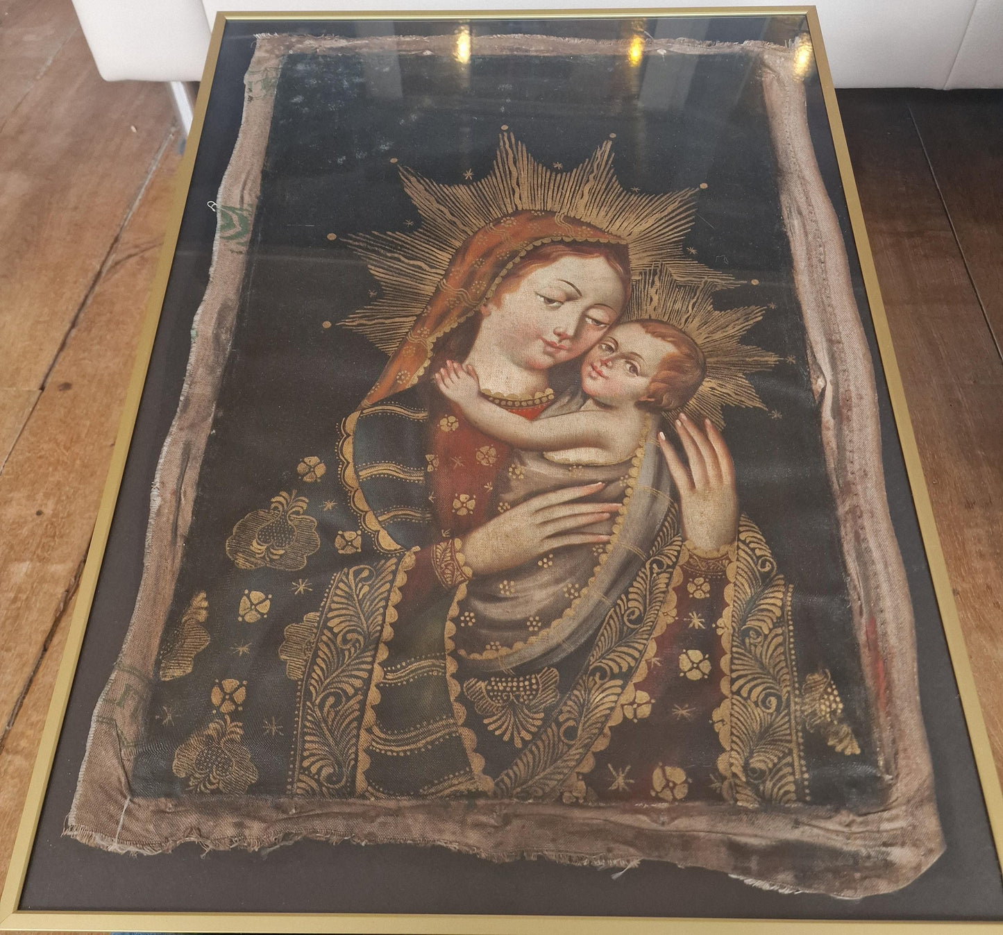Madonna and Child Textile Painting, 18th Century Devotional Art