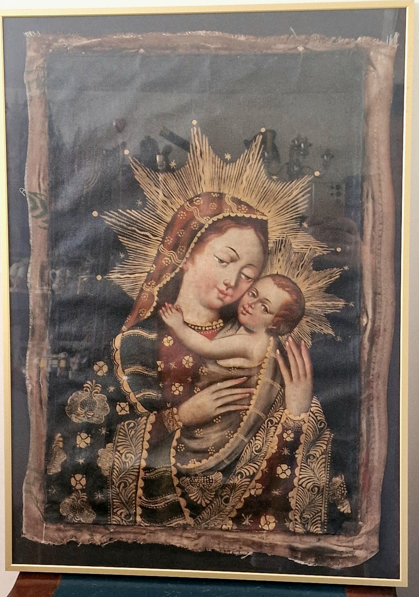 Madonna and Child Textile Painting, 18th Century Devotional Art