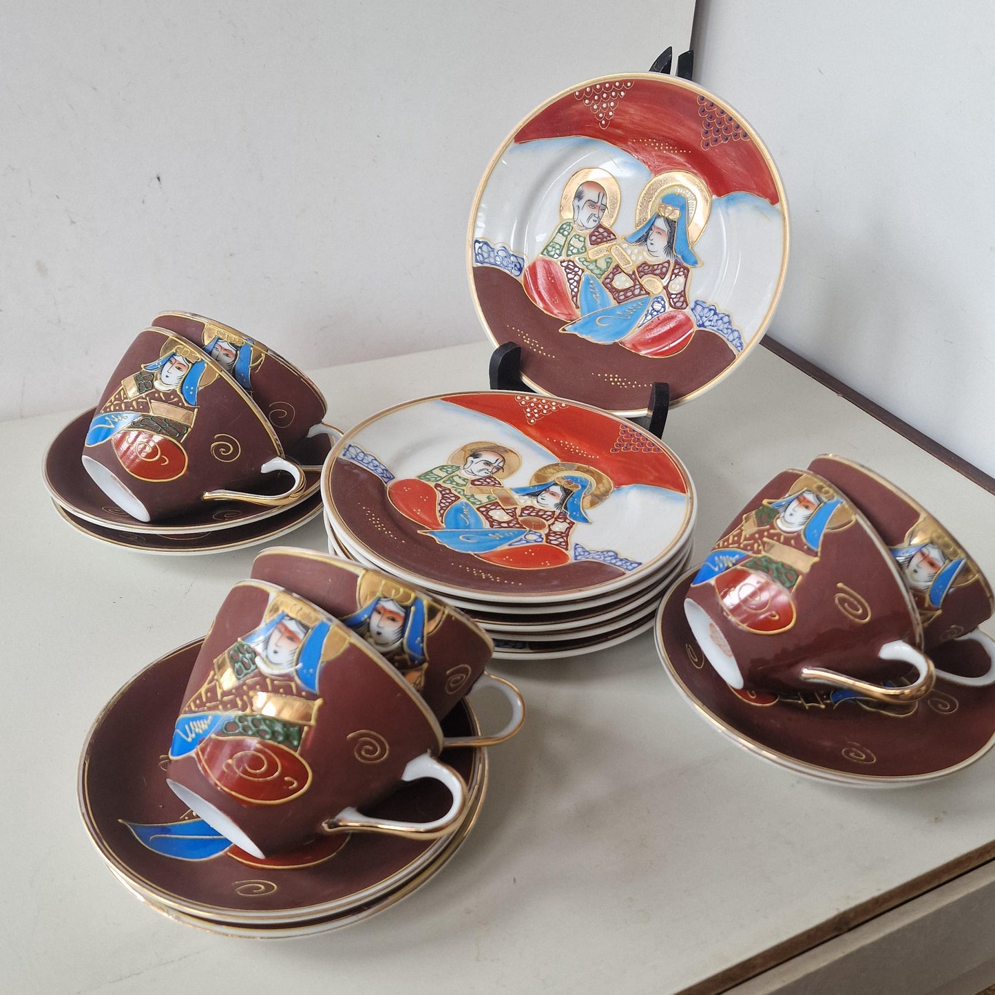 Hand-Painted Geisha Porcelain Tea Set, Vintage 6-Person Service