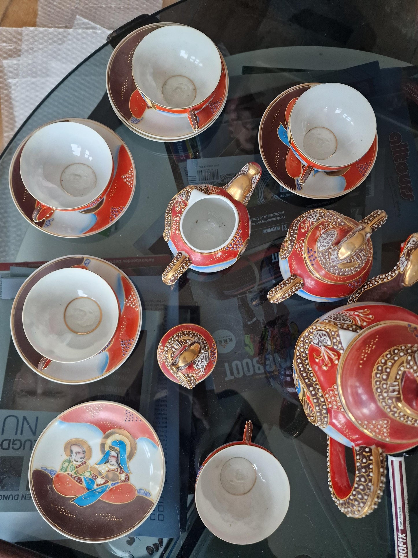 Antique Japanese Eggshell Porcelain Tea Set, Geisha Lithophane, Dragon Teapot