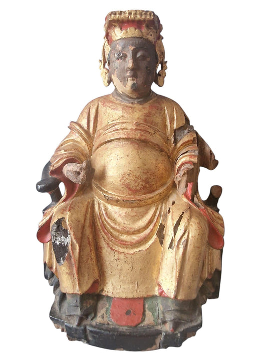 Rare 18th-Century Chinese Altar Statue of Caishen – Gilded & Polychrome Wood – Qing Dynasty, Quanzhou (Fujian)