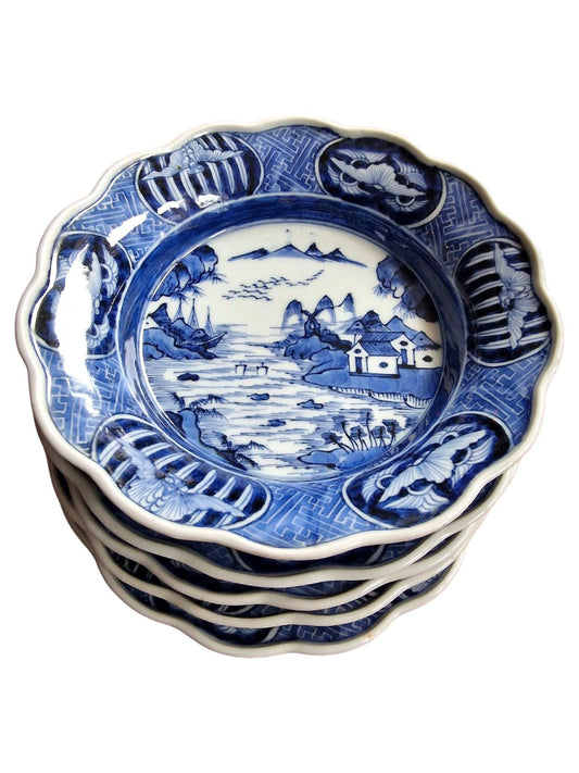 Antique Japanese Blue & White Bowls, River Landscape, Circa 1800 (Set of 5)