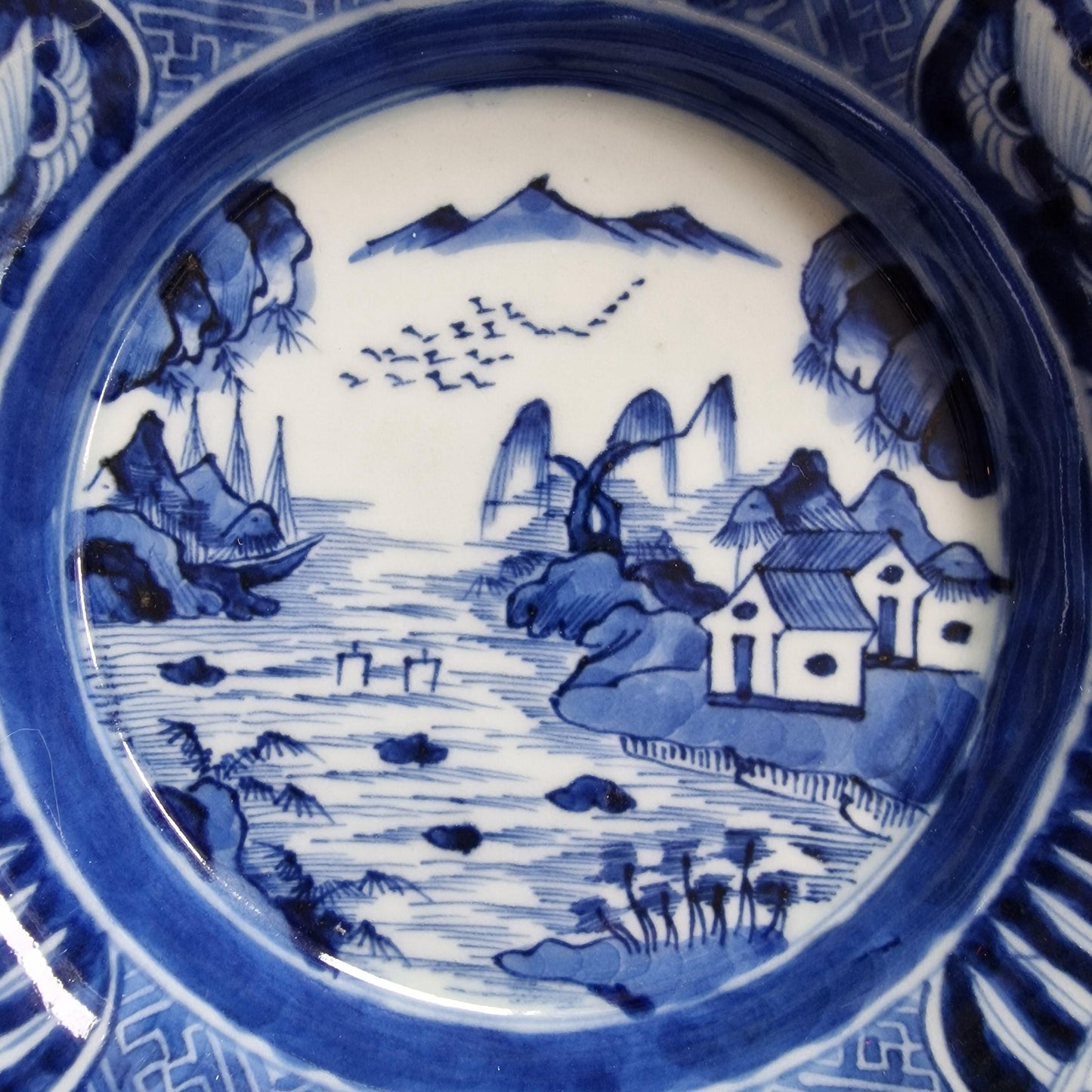 Antique Japanese Blue & White Bowls, River Landscape, Circa 1800 (Set of 5)