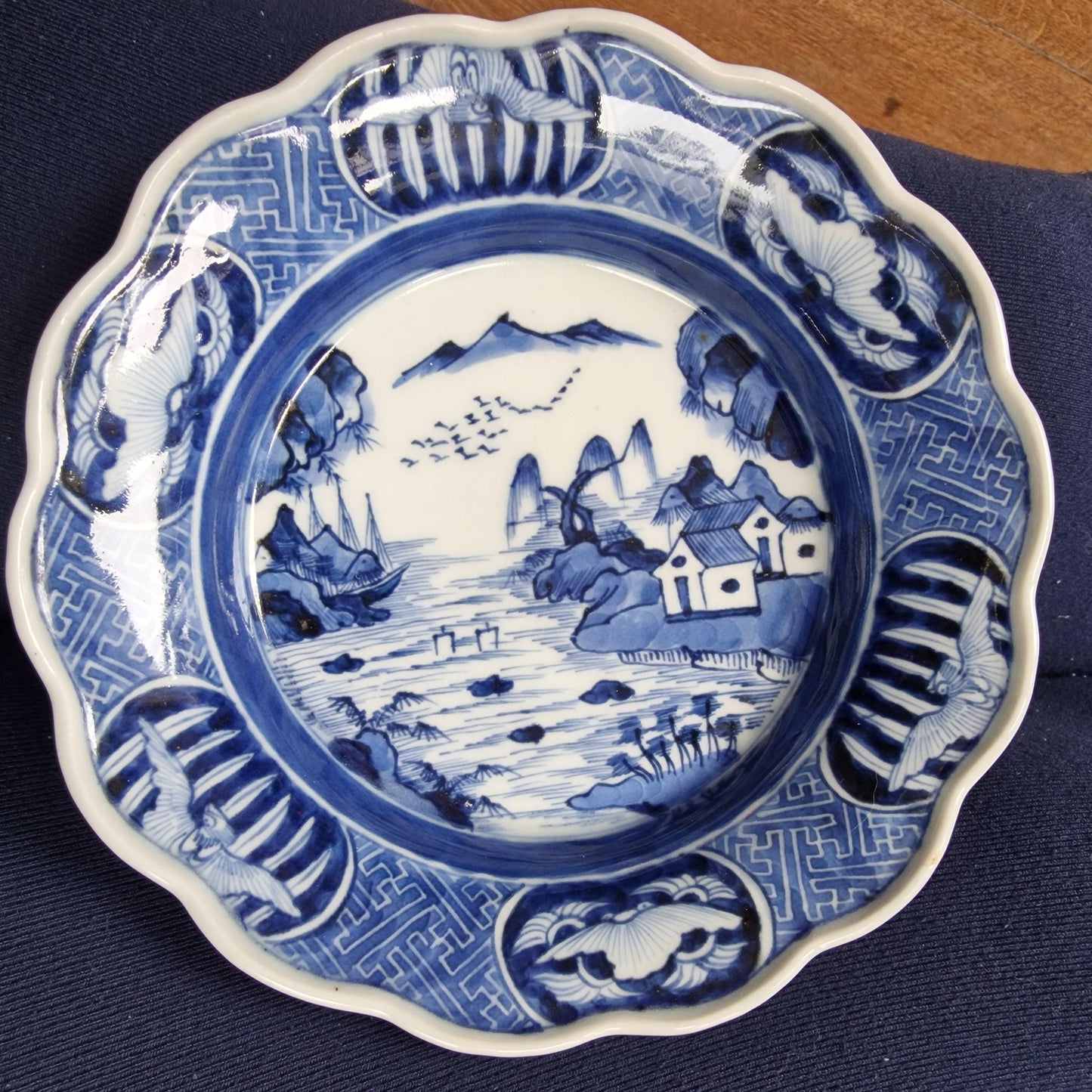 Antique Japanese Blue & White Bowls, River Landscape, Circa 1800 (Set of 5)