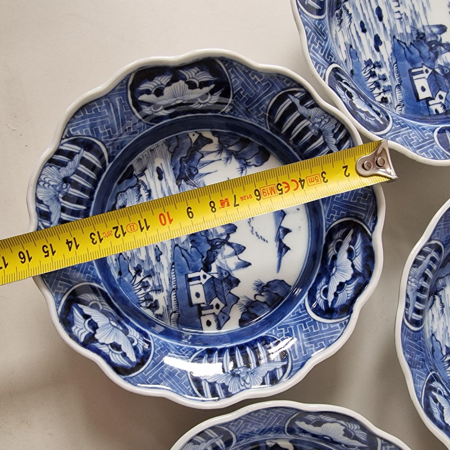Antique Japanese Blue & White Bowls, River Landscape, Circa 1800 (Set of 5)