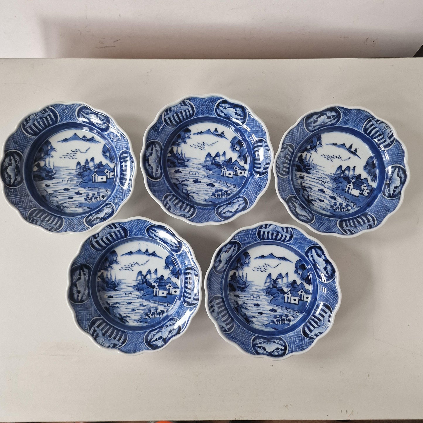 Antique Japanese Blue & White Bowls, River Landscape, Circa 1800 (Set of 5)