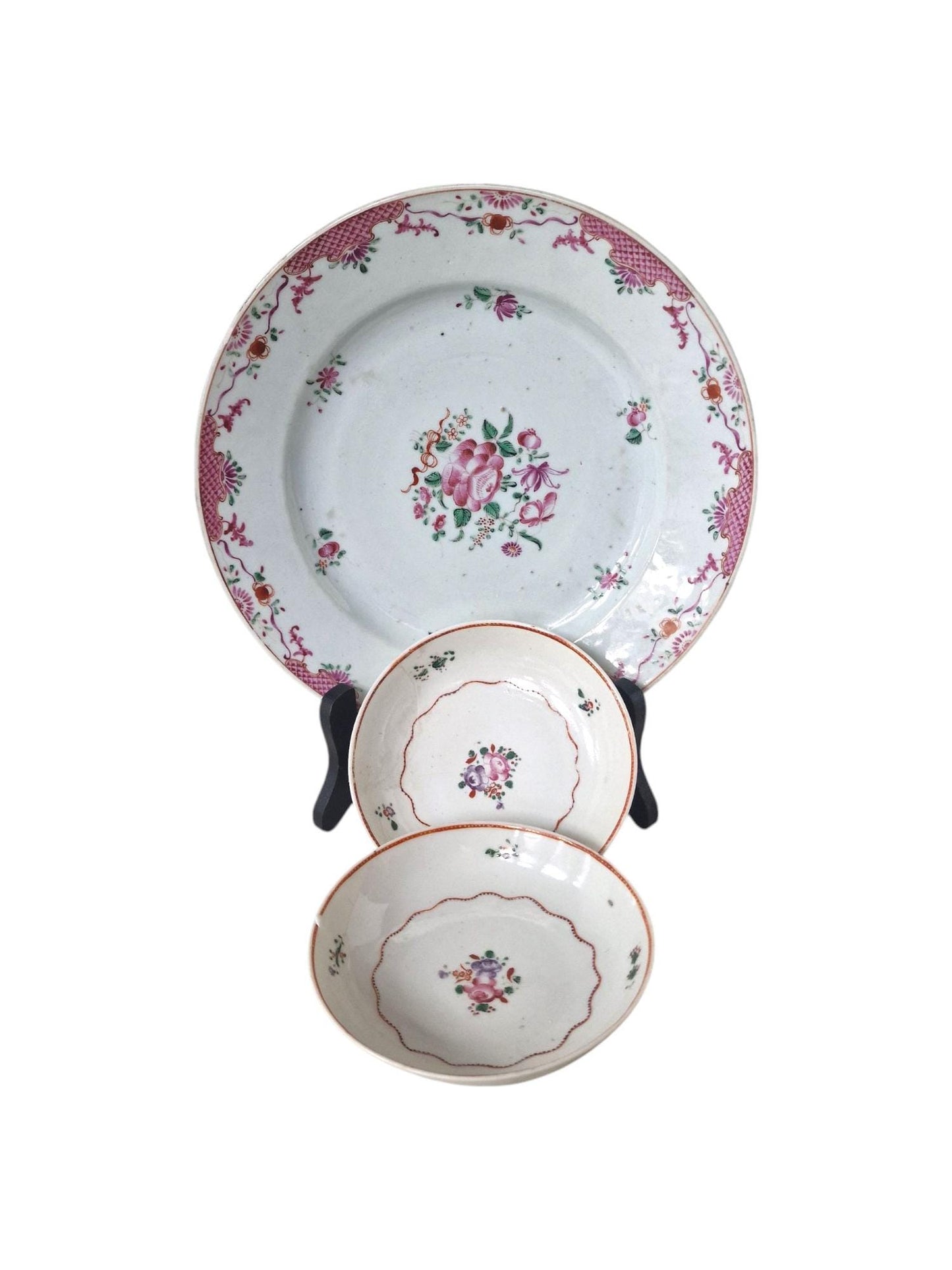 Antique Famille Rose Porcelain Bowl and Plate Set, 18th Century