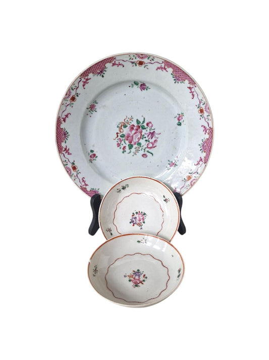Antique Famille Rose Porcelain Bowl and Plate Set, 18th Century