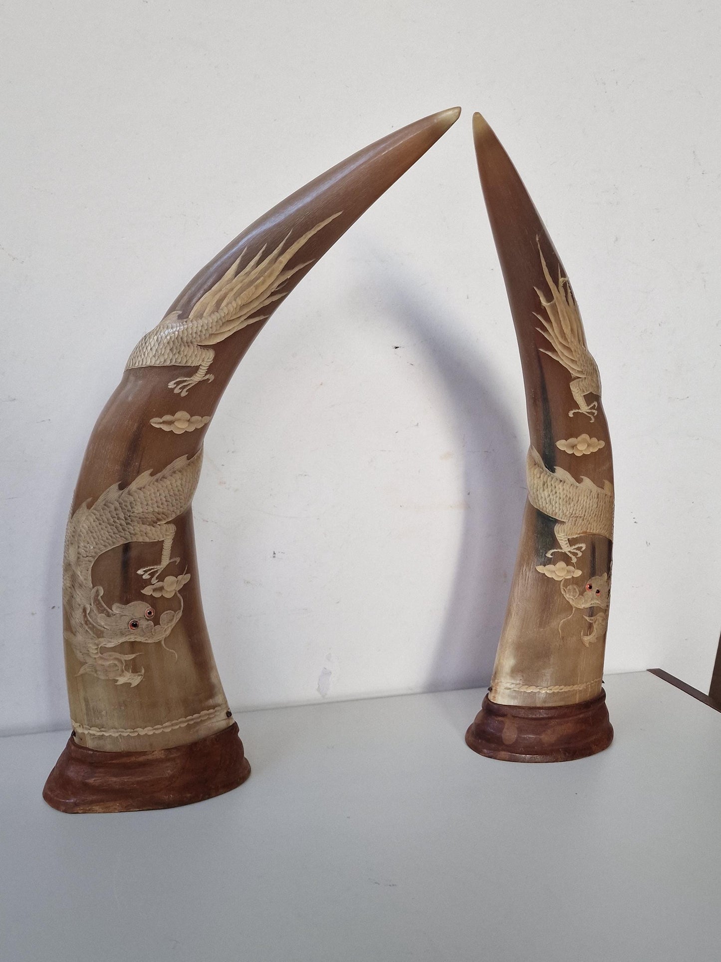 Carved Water Buffalo Horns – Dragon & Phoenix Ornaments, Set of 2