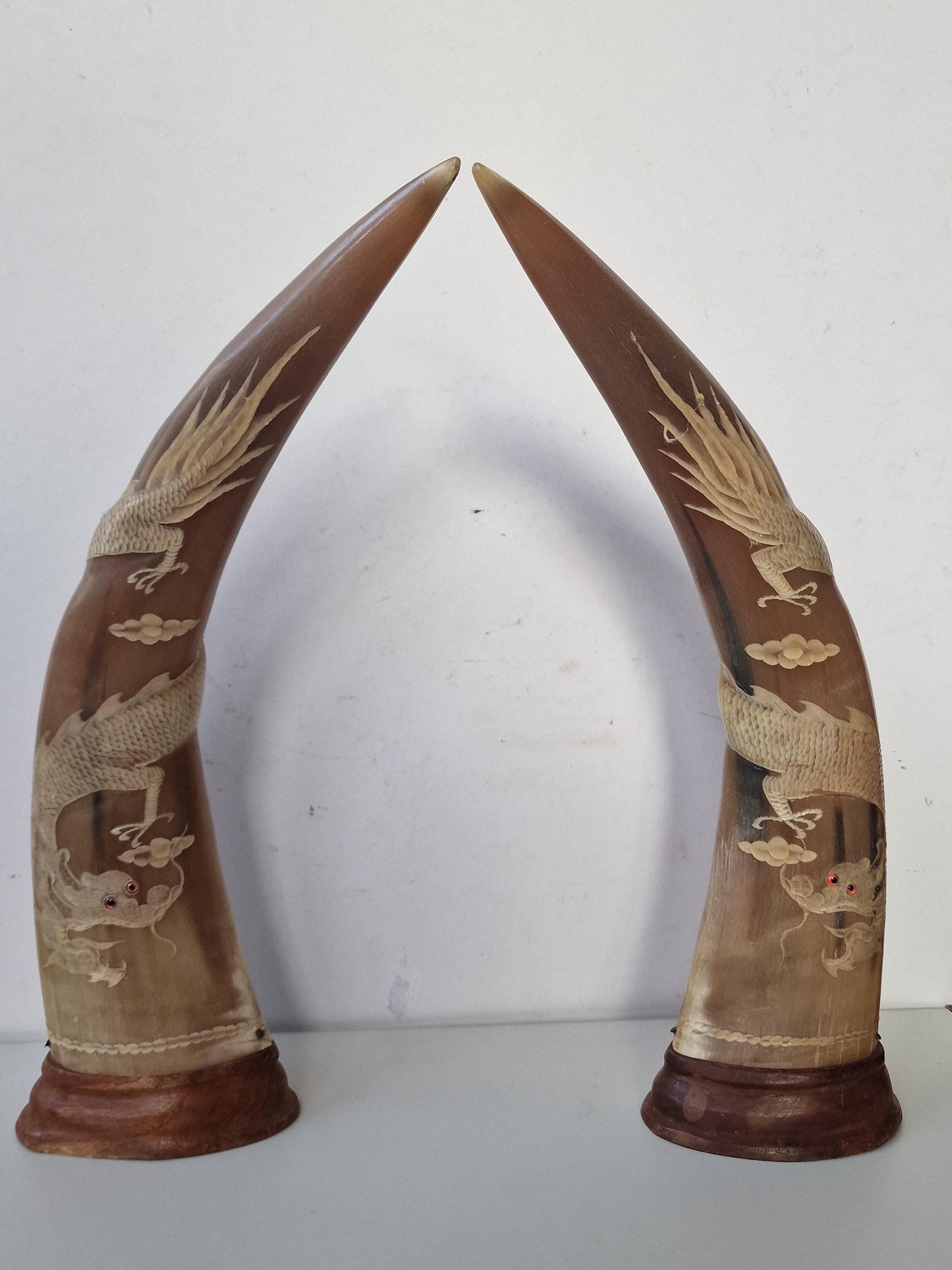 Carved Water Buffalo Horns – Dragon & Phoenix Ornaments, Set of 2