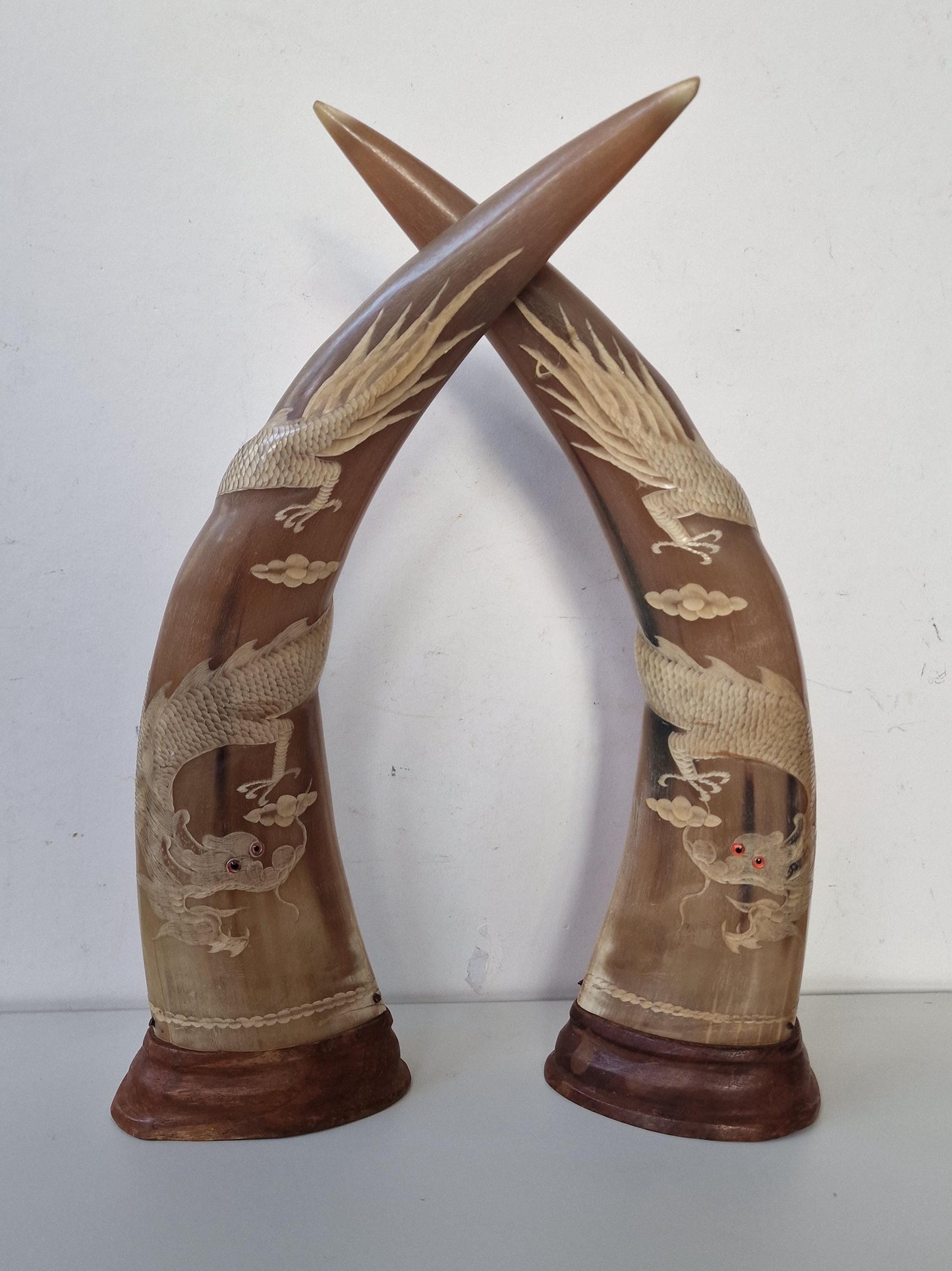 Carved Water Buffalo Horns – Dragon & Phoenix Ornaments, Set of 2