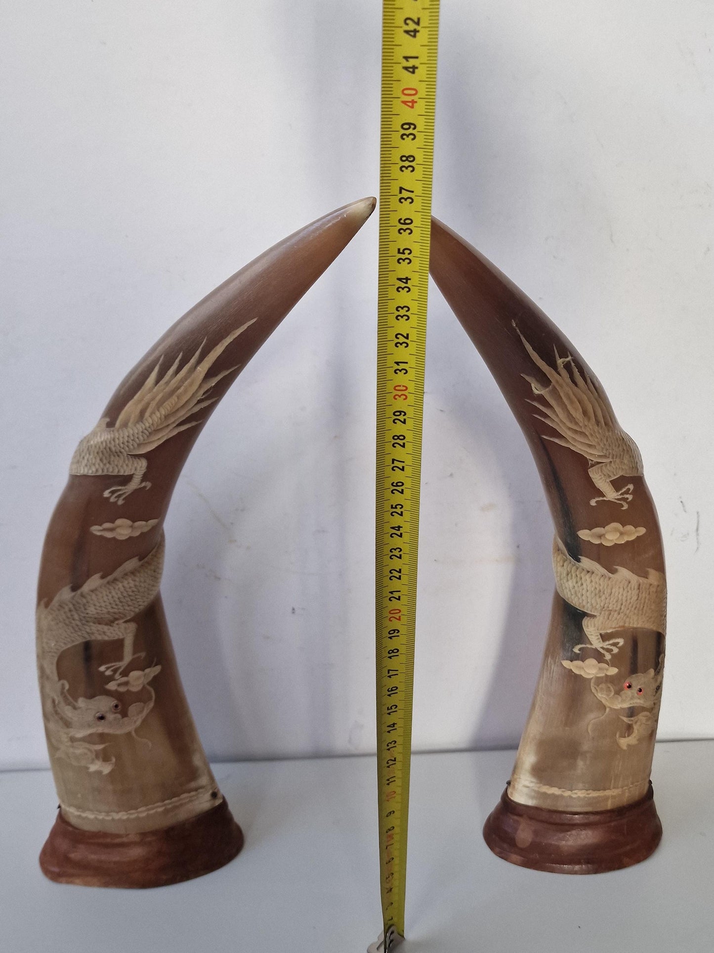 Carved Water Buffalo Horns – Dragon & Phoenix Ornaments, Set of 2