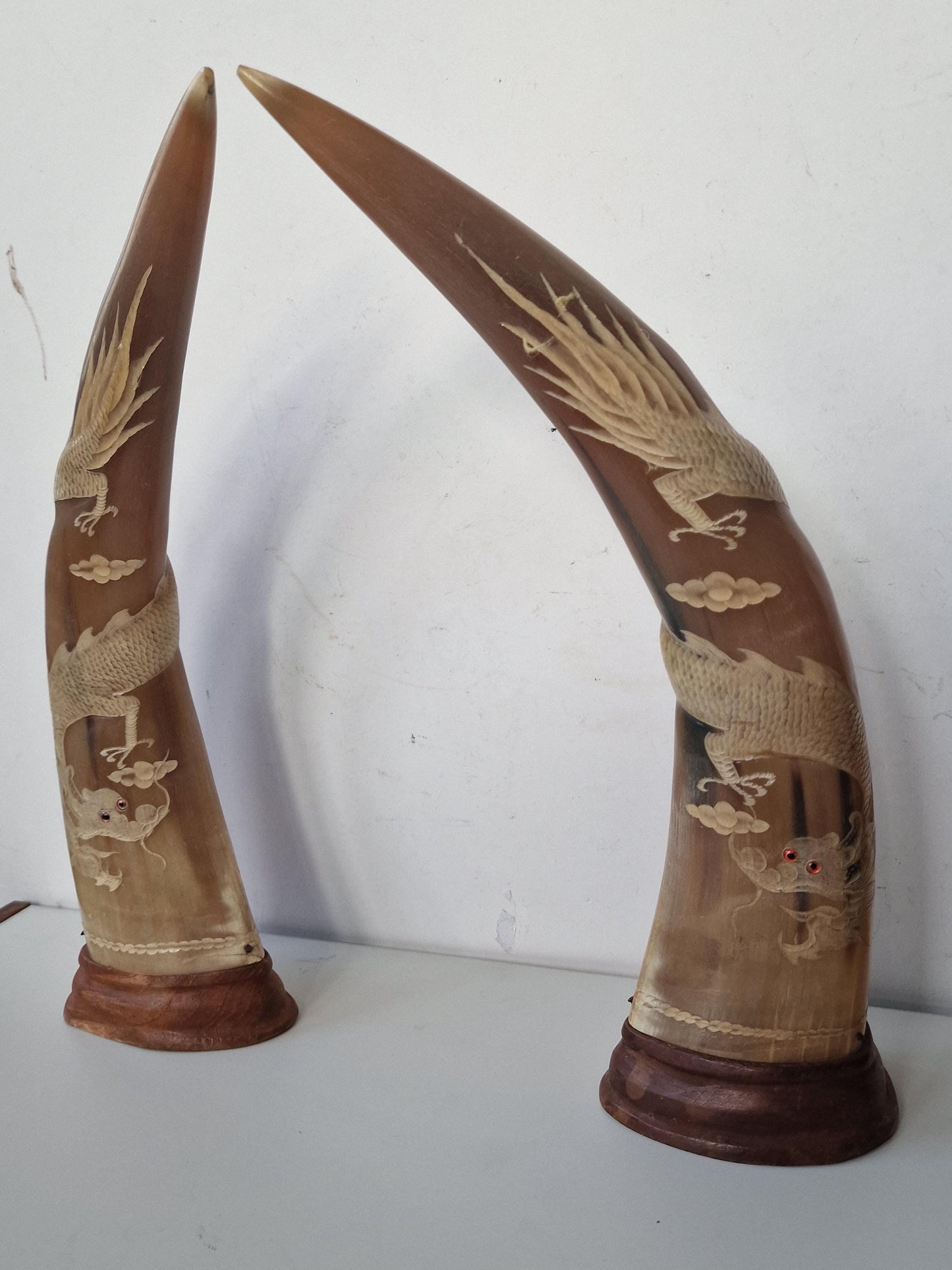 Carved Water Buffalo Horns – Dragon & Phoenix Ornaments, Set of 2