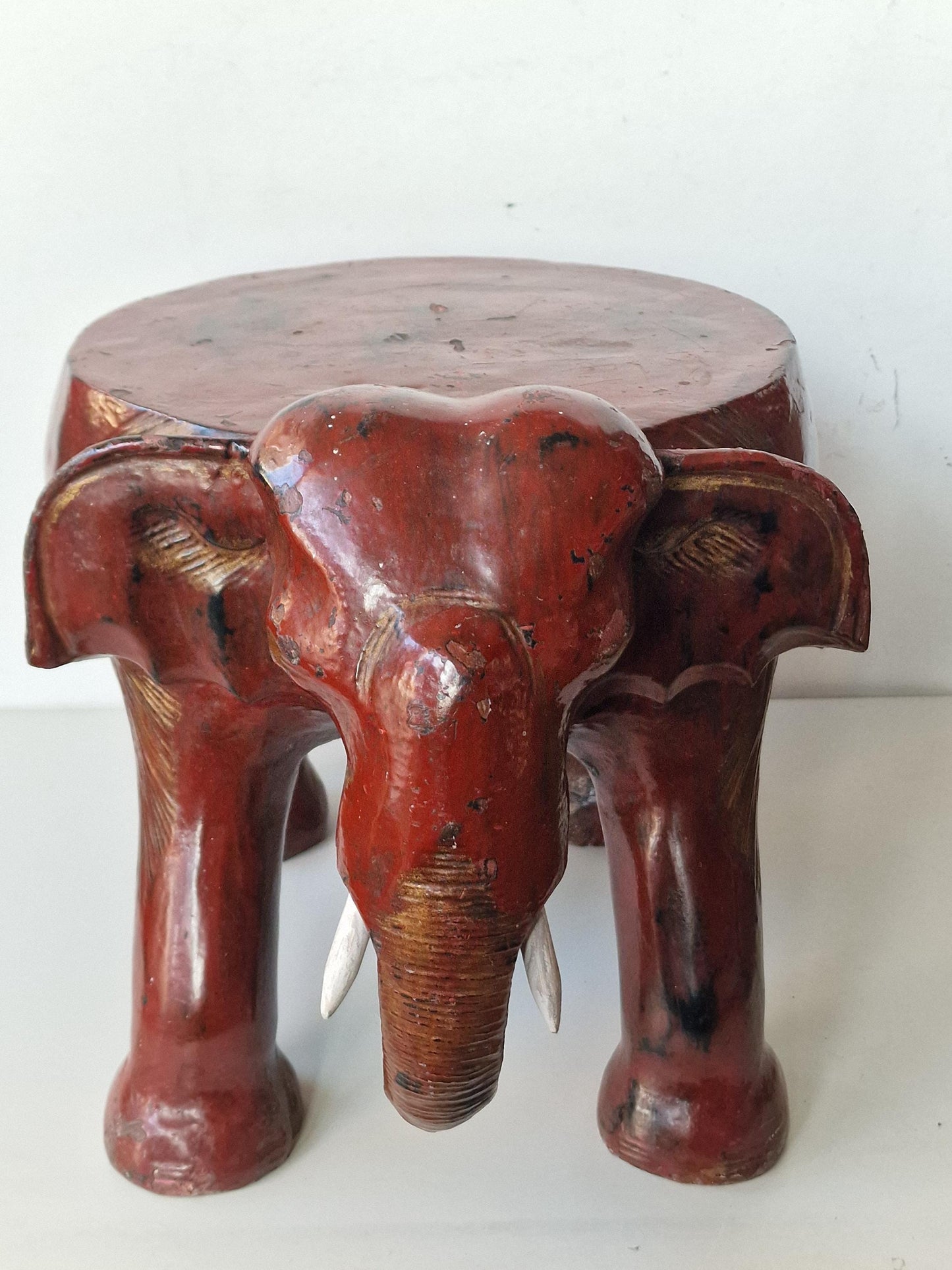 Xl antique ELEPHANT STOOL / sidetable 19th century wood handcarved burgundi handpaint, boho chic, rare