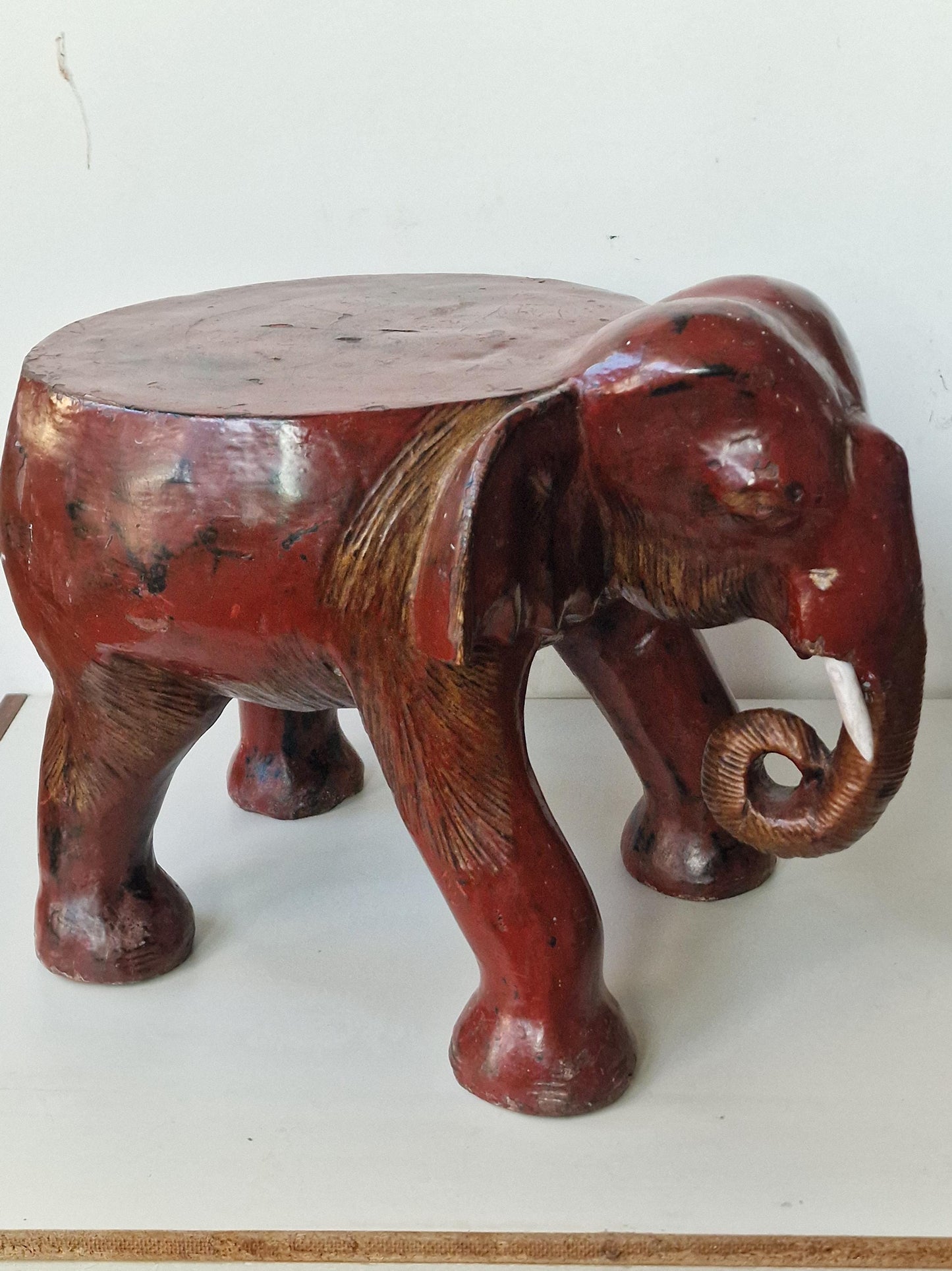 Xl antique ELEPHANT STOOL / sidetable 19th century wood handcarved burgundi handpaint, boho chic, rare