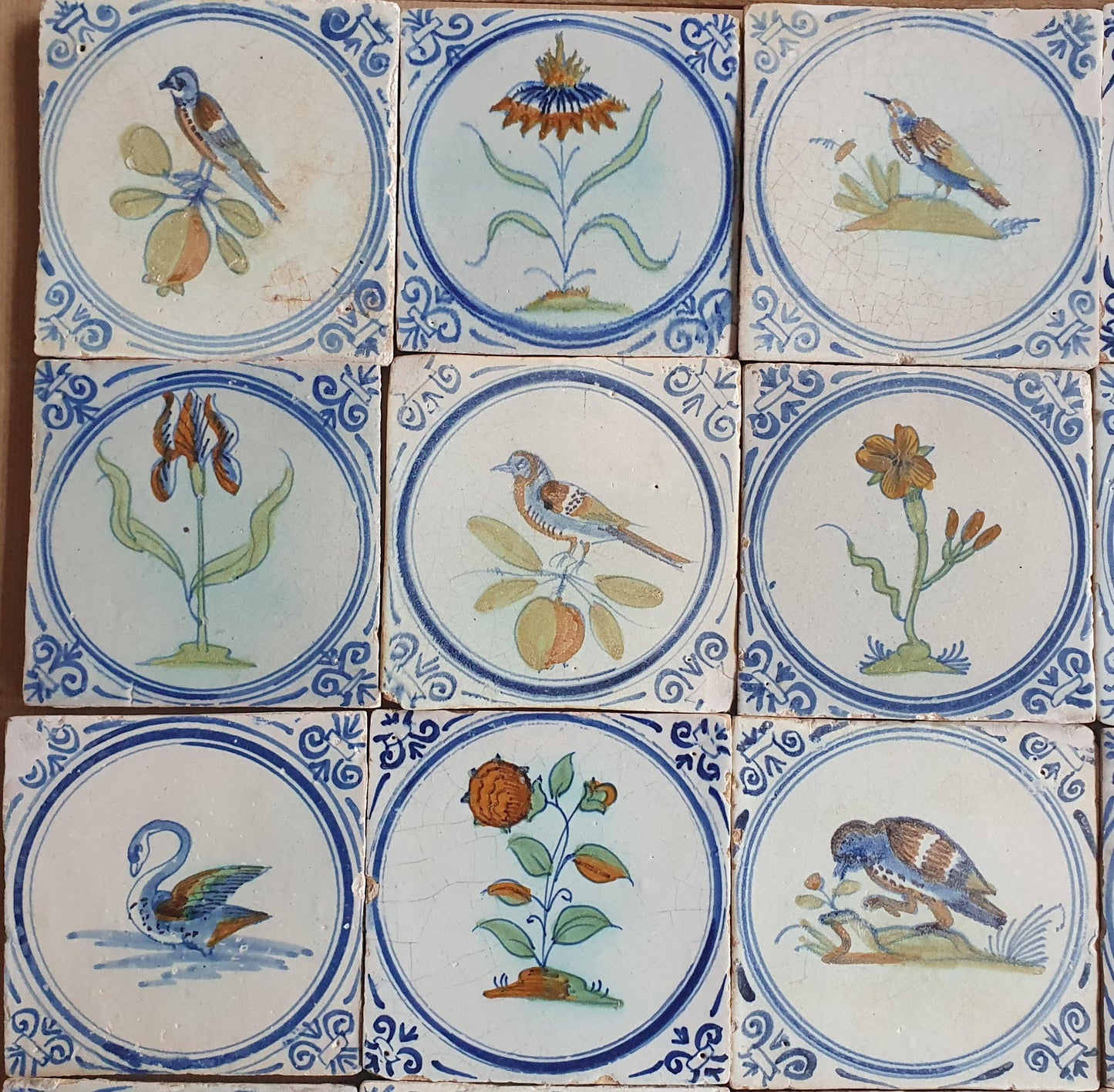 Antique Dutch Delft Tiles (16x)  Polychrome Flowers & Birds, 17th- around 1625