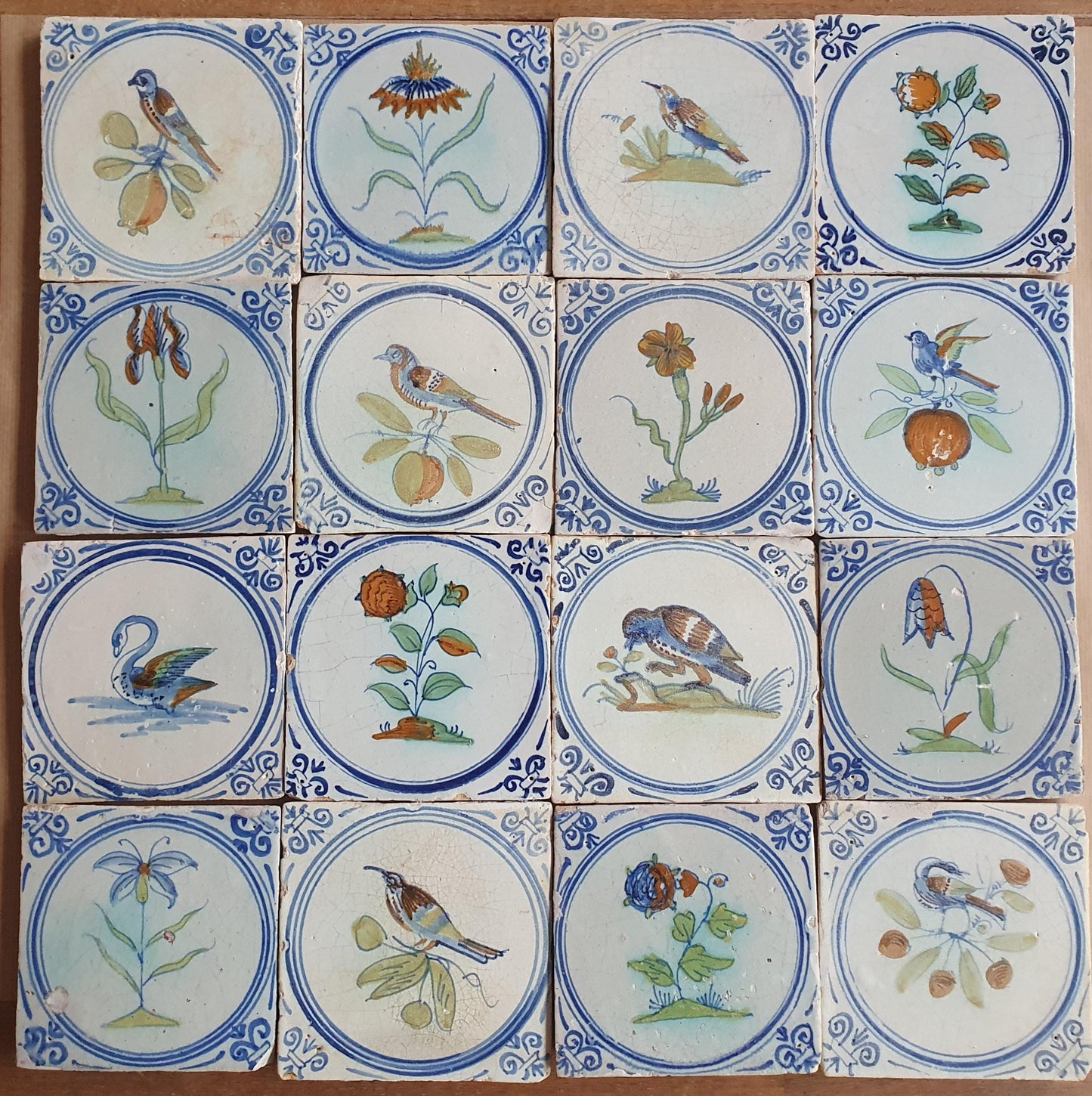 Antique Dutch Delft Tiles (16x)  Polychrome Flowers & Birds, 17th- around 1625