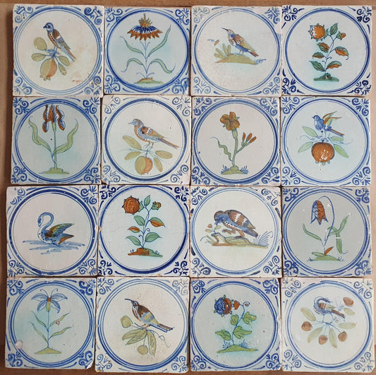 Antique Dutch Delft Tiles (16x)  Polychrome Flowers & Birds, 17th- around 1625
