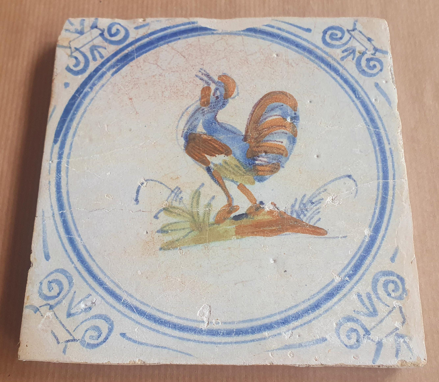 Antique Dutch Tile - polychrome with rooster  - Dated around 1625, delft holland golden century