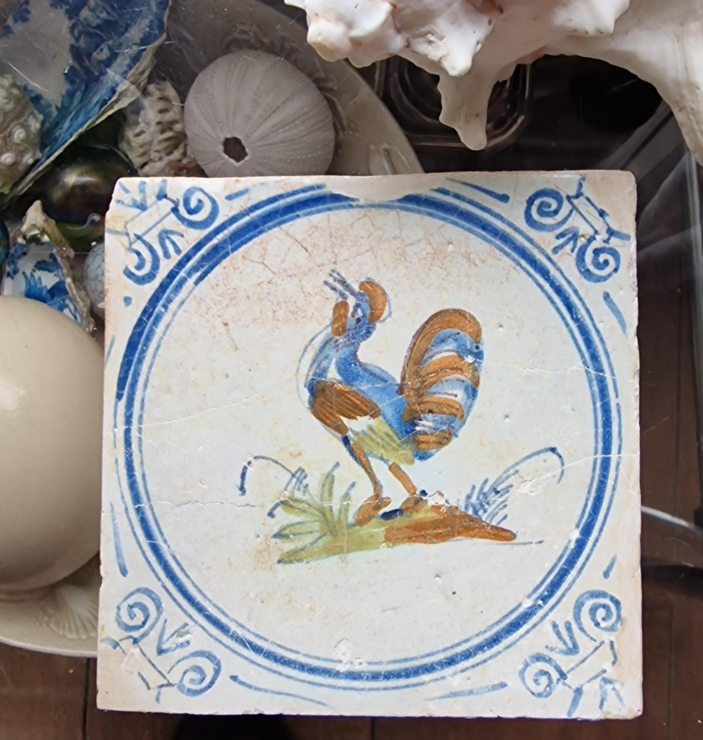Antique Dutch Tile - polychrome with rooster  - Dated around 1625, delft holland golden century