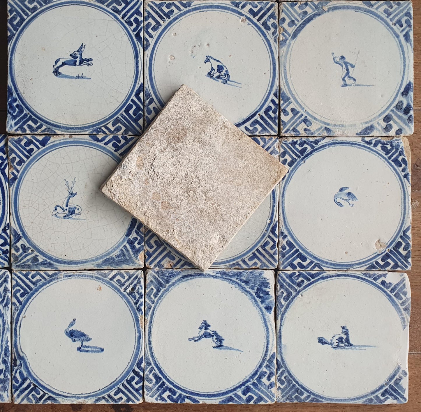 Antique Delft Tiles, 1660 'Wan-Li' Animal Motif, Harlingen Holland