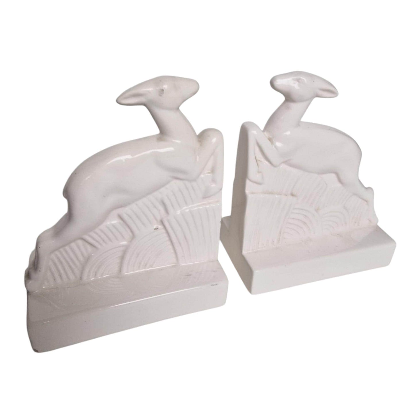Art Deco Ceramic Leaping Deer Bookends, White Glazed