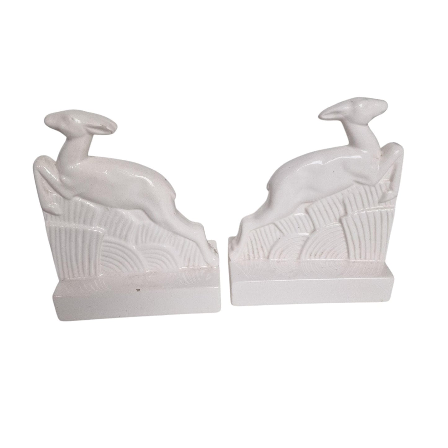 Art Deco Ceramic Leaping Deer Bookends, White Glazed
