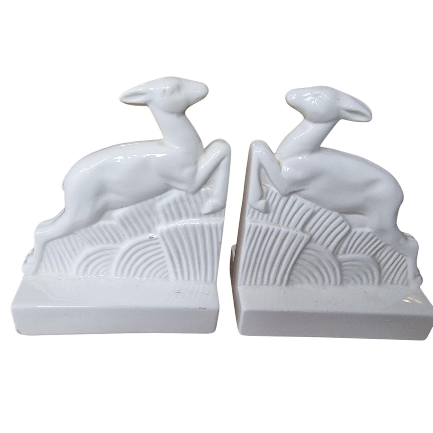 Art Deco Ceramic Leaping Deer Bookends, White Glazed