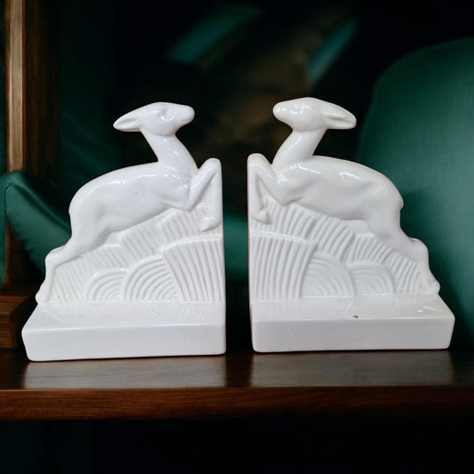 Art Deco Ceramic Leaping Deer Bookends, White Glazed