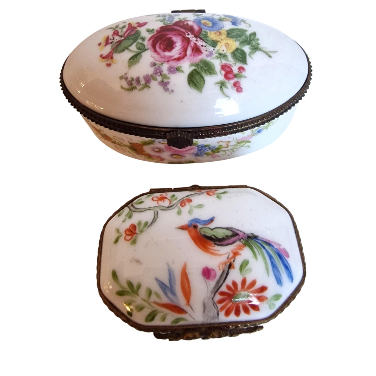 Limoges Porcelain Trinket Box, Handpainted Bird and Flowers, Lacroix Painter