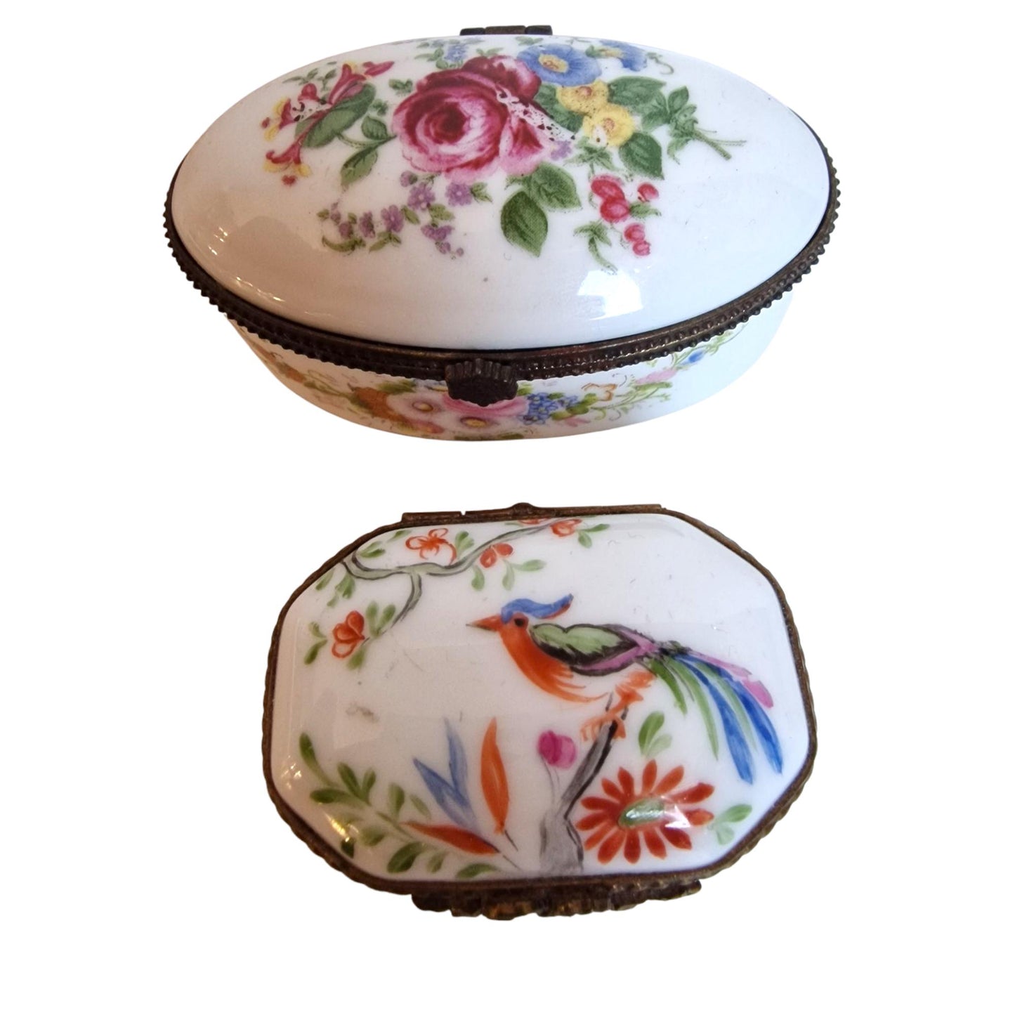 Limoges Porcelain Trinket Box, Handpainted Bird and Flowers, Lacroix Painter
