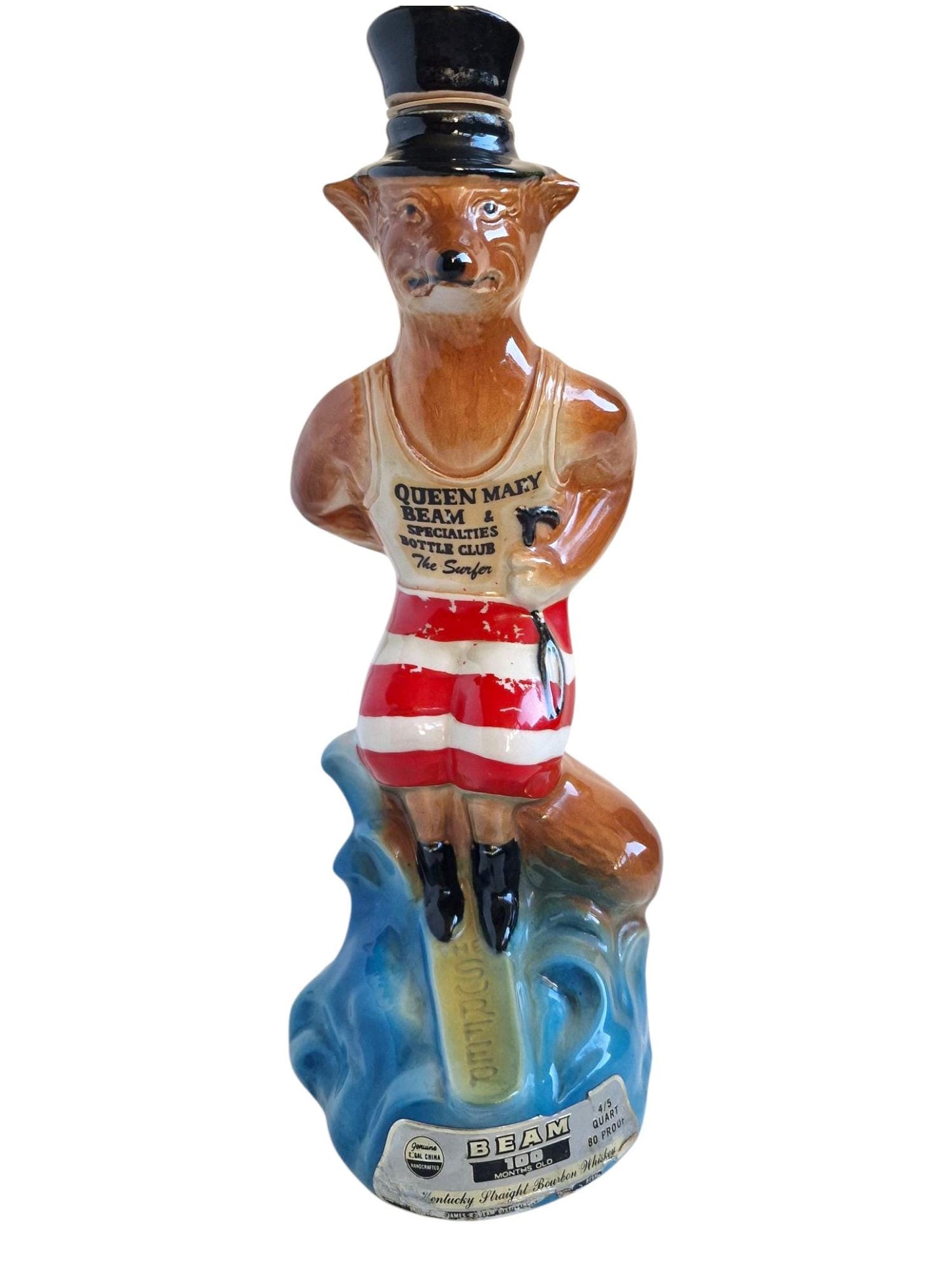 Vintage 1970s polychrome earthenware Fox Surfer Decanter, collector's item Queen Mary Bottle